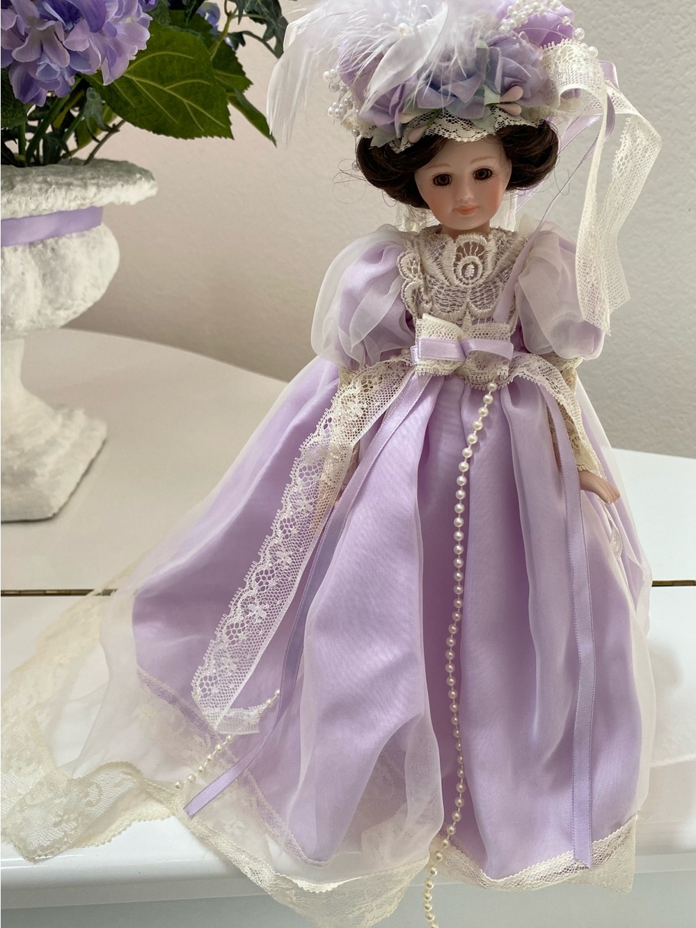 Lavender Porcelain Fashion Doll with Lace Hat